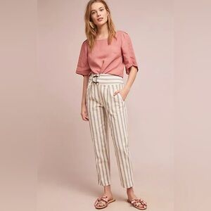 Anthropologie White Oasis Striped Belted Linen Pants